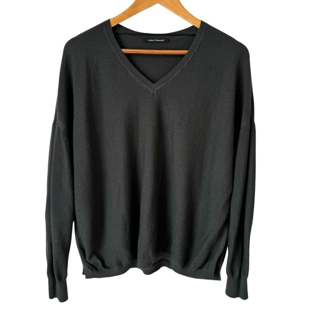 Luisa Cerano Wool V-Neck Drop Shoulder Fine Knit Pullover Brown Sweater Size 10